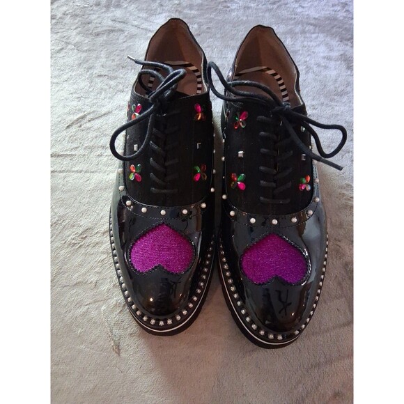 Betsey Johnson Shoes - Betsey Johnson Black LaceUp Flats Heart Floral Studded & Glitter Accents Sz 10M